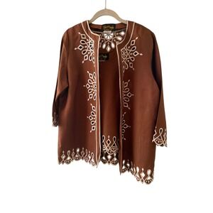 Bob Mackie 2-Piece Set Brown Linen Blend Embroidered Jacket Tank A56674 Medium